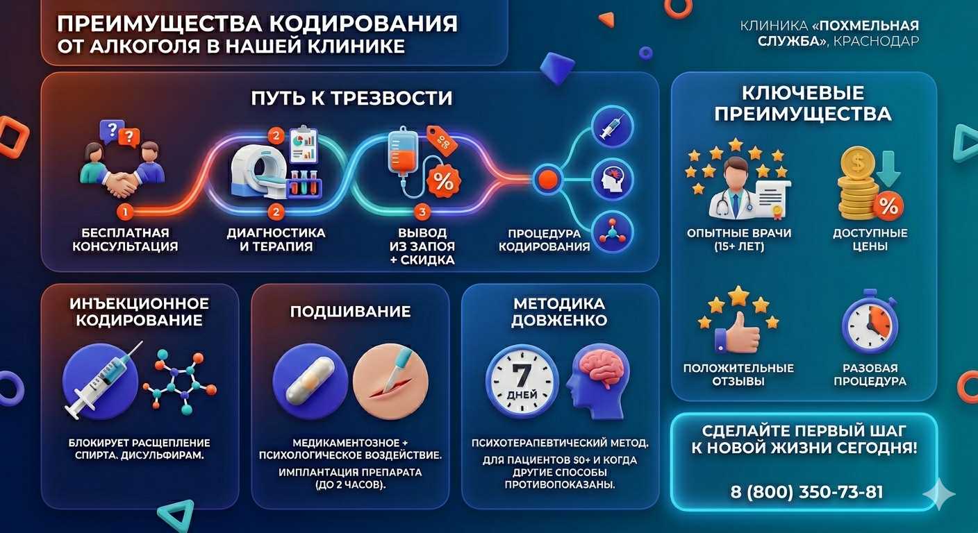 Инфографика о методах кодирования от алкоголя в Петергофе: инъекции, подшивание, метод Довженко. Преимущества клиники и этапы лечения.