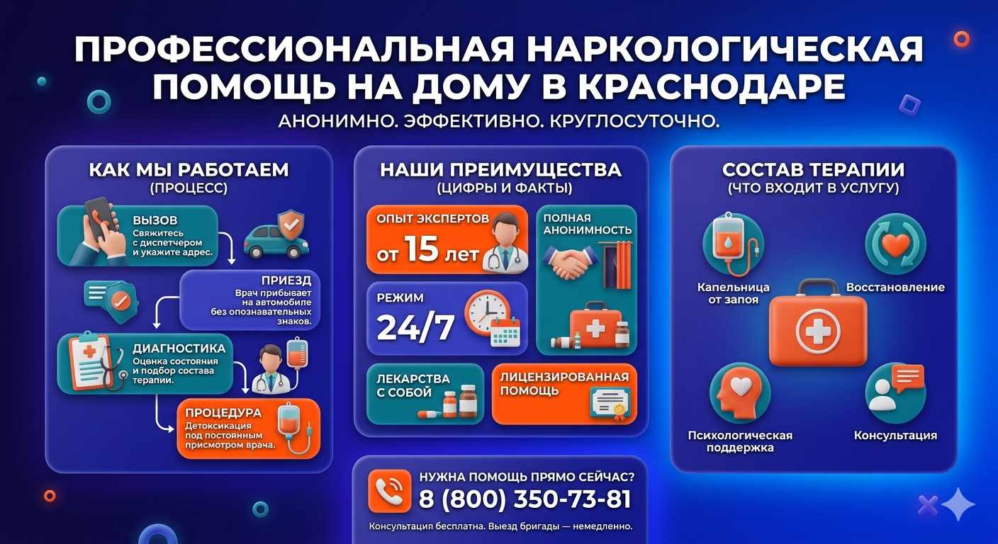 Инфографика о принципах лечения алкоголизма на дому в Петергофе: этапы вызова нарколога, преимущества анонимной детоксикации и состав медицинской помощи.